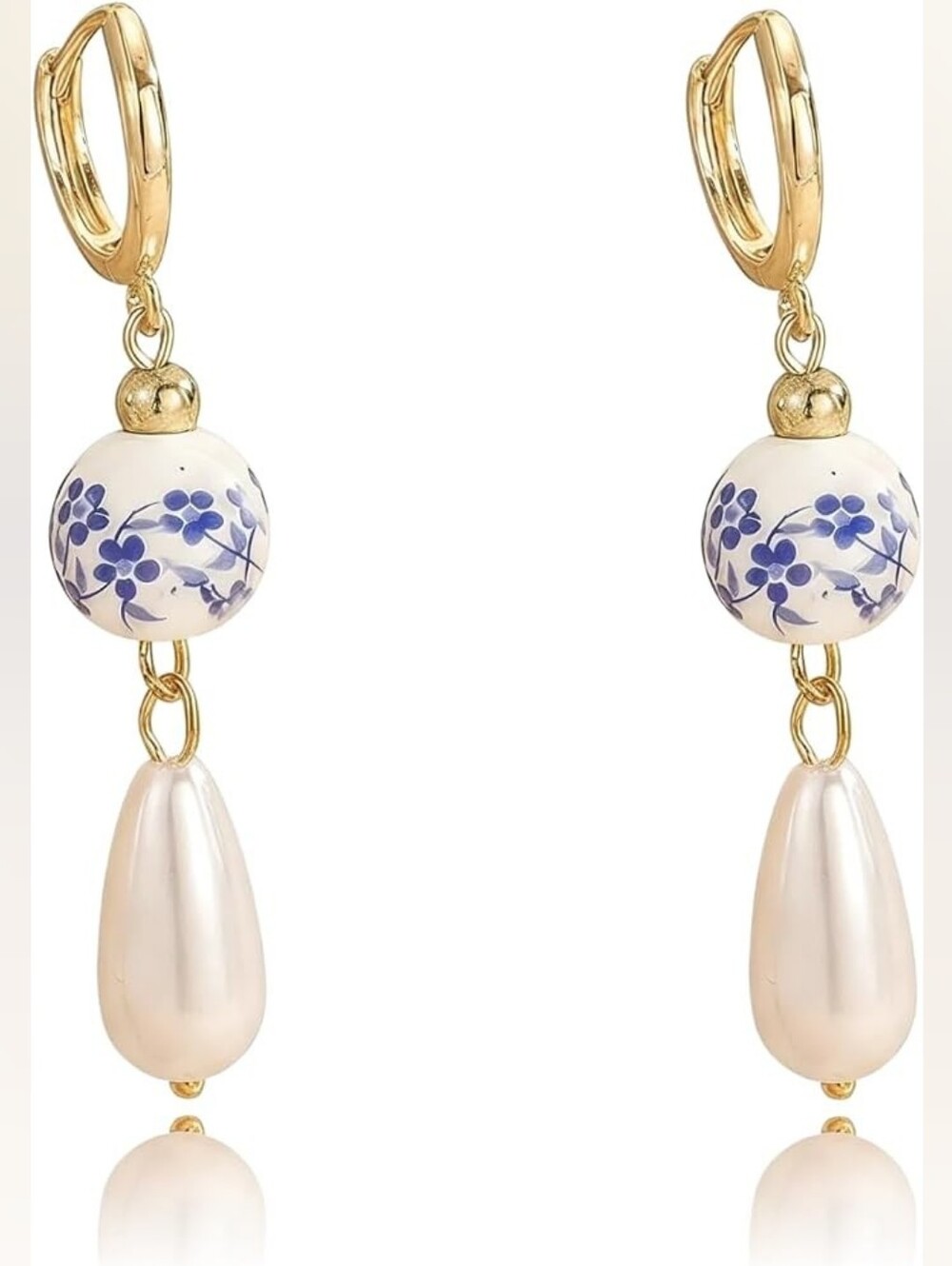 4K Gold Plated Blue White Porcelain Drop Earrings Floral Dangle